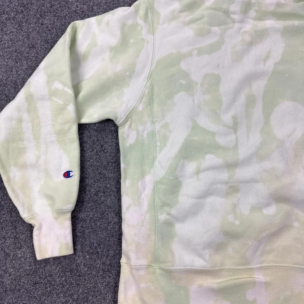 Champion Reverse Weave Hoodie Mens Small Green Bleach Dye Fleece Pullover